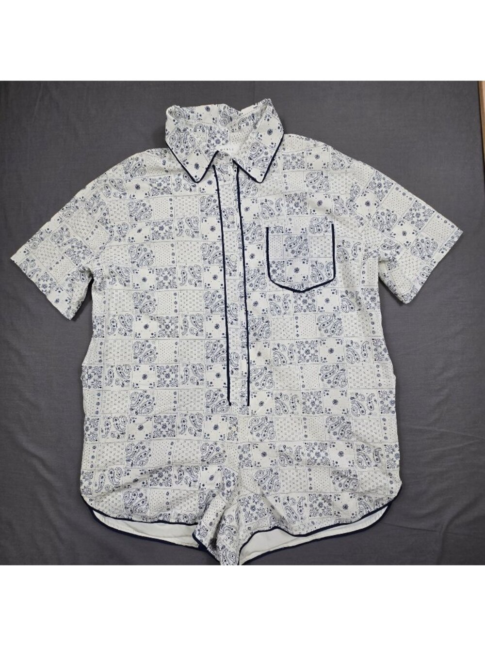 Anthropologie Mable Medium Collared Paisley Print Short Sleeve Romper White/Blue